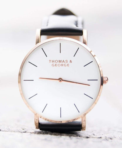 Thomas & George Bakersfield Black Watch | 40mm Gold-Tone Case, White Dial & Black Leather Strap | Slim 6mm Japanese Quartz | Optional Luxury Box