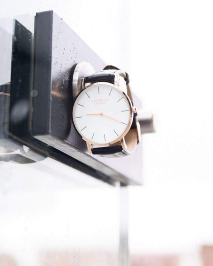 Thomas & George Bakersfield Black Watch | 40mm Gold-Tone Case, White Dial & Black Leather Strap | Slim 6mm Japanese Quartz | Optional Luxury Box