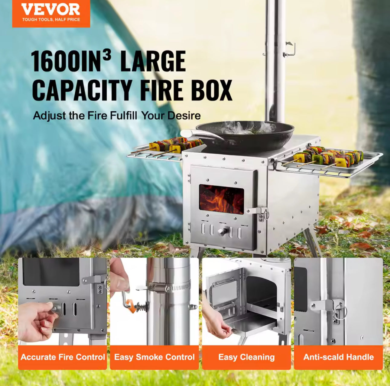 Wood Stove Stainless Steel Camping Tent Stove Portable Wood Burning Stove with Chimney Pipes & Gloves 3000in³ Firebox