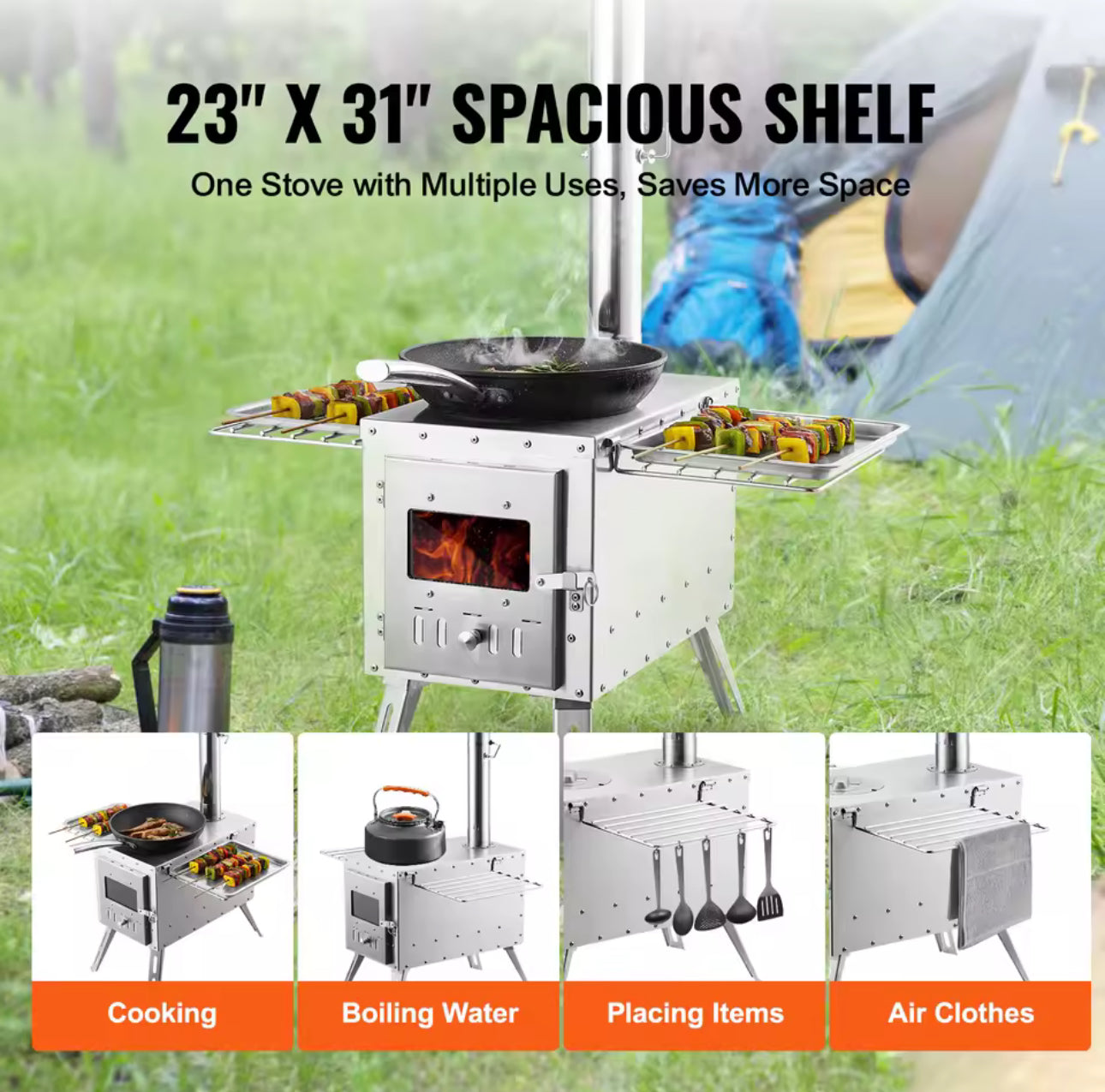 Wood Stove Stainless Steel Camping Tent Stove Portable Wood Burning Stove with Chimney Pipes & Gloves 3000in³ Firebox