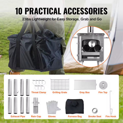 Wood Stove Stainless Steel Camping Tent Stove Portable Wood Burning Stove with Chimney Pipes & Gloves 3000in³ Firebox
