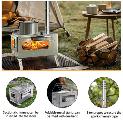 Portable Camping Tent Stove Stainless Steel Wood Burning Stove W/ 7 Chimney Pipe