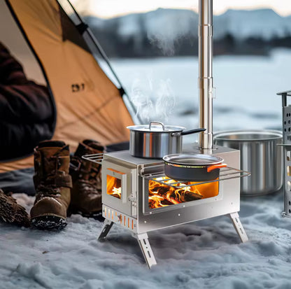 Portable Camping Tent Stove Stainless Steel Wood Burning Stove W/ 7 Chimney Pipe