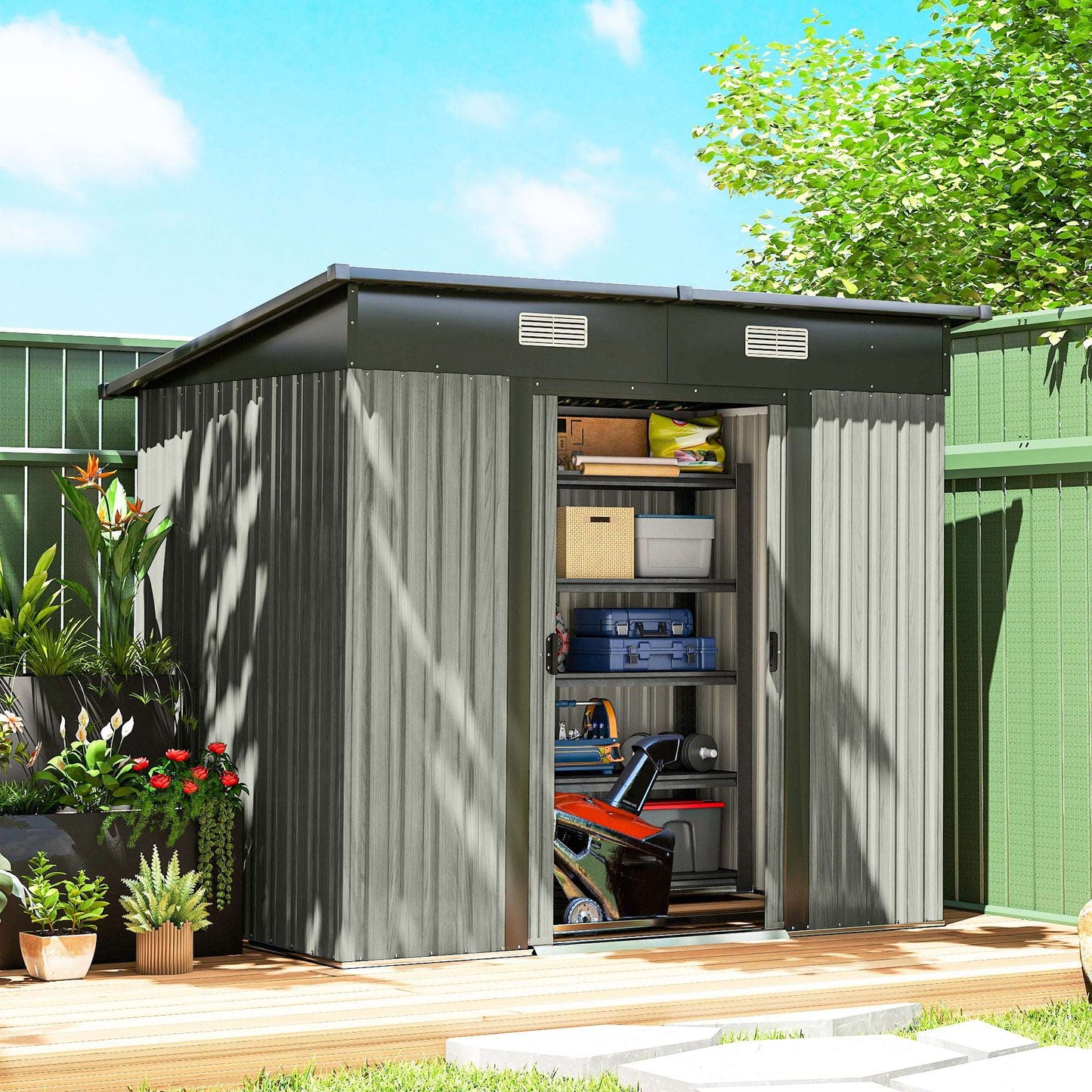 7x4ft Lean-To Metal Garden Shed | Corrugated Galvanised Steel | Sloped Roof | Sliding Door | 2 Front Vents | Foundation Kit Included | 203x130x182cm | Light Grey