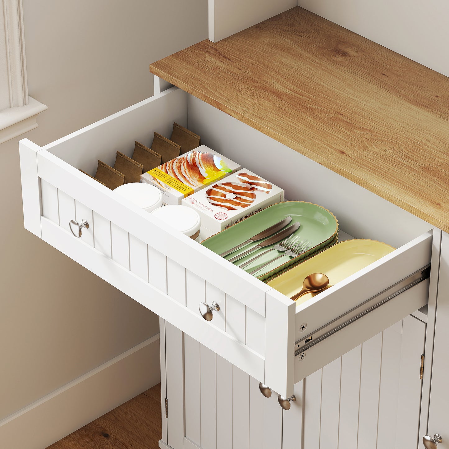173cm Tall Kitchen Cupboard | Charging Station | Pantry Storage Cabinet | Adjustable Shelves | 4 Door Racks | White