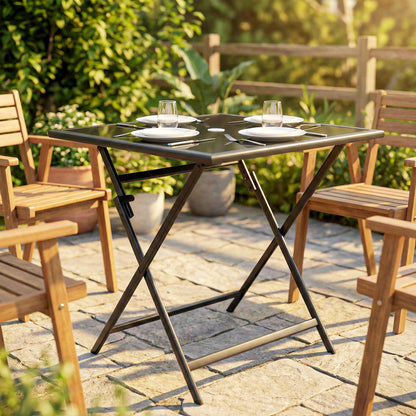 Folding Square Garden Dining Table | Tempered Glass Top | Parasol Hole | 70x70x70cm | Black