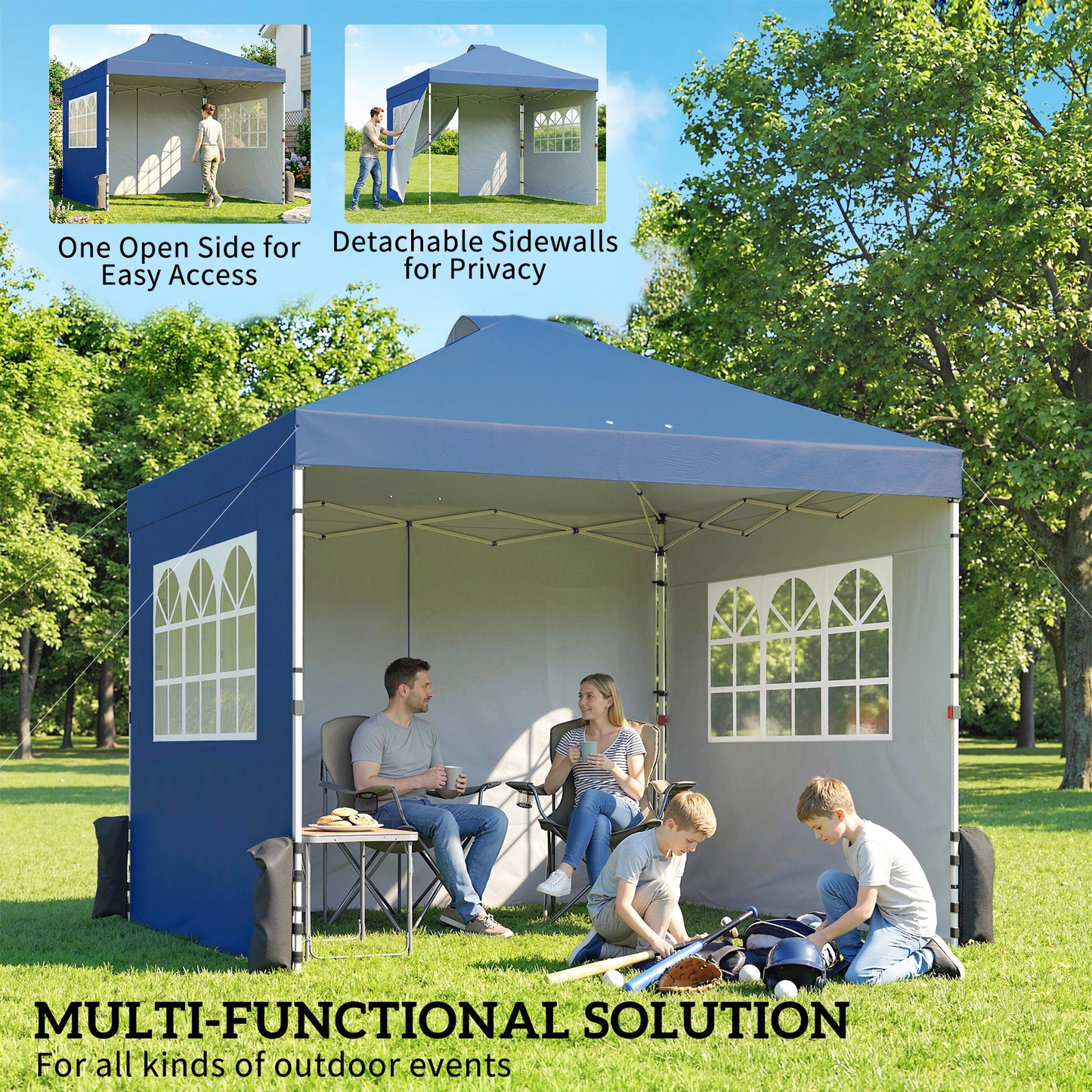 3x3m Pop Up Gazebo | UPF50+ Waterproof 210D Oxford | 3 Sidewalls | 2 Church Windows | 3 Height Settings | Wheeled Bag | Wind Level 4-6 | Dark Blue