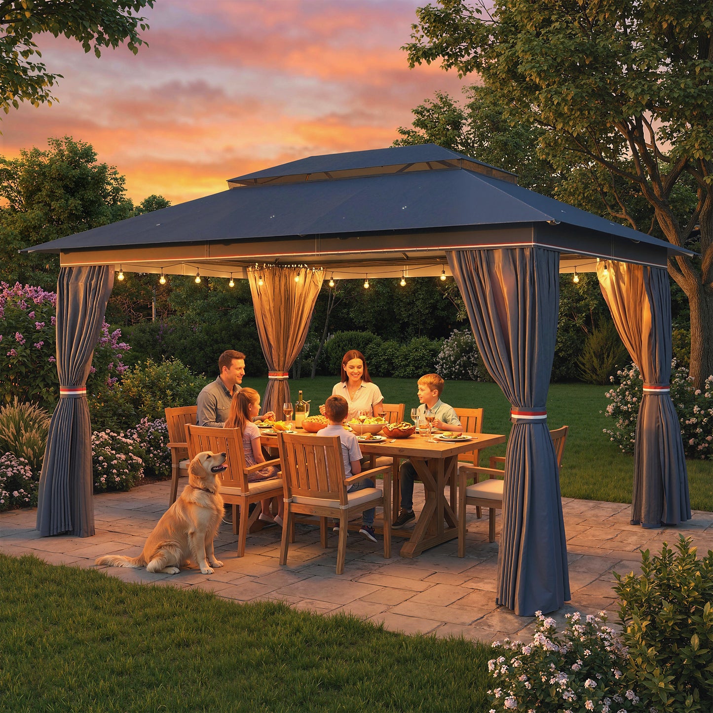 4x3m Permanent Garden Gazebo with Curtains & Netting | Double-Tier UPF50+ Roof | Drainage Holes | Powder-Coated Metal Frame | Expansion Screws | Ground Stakes | Guy Ropes | Dark Blue