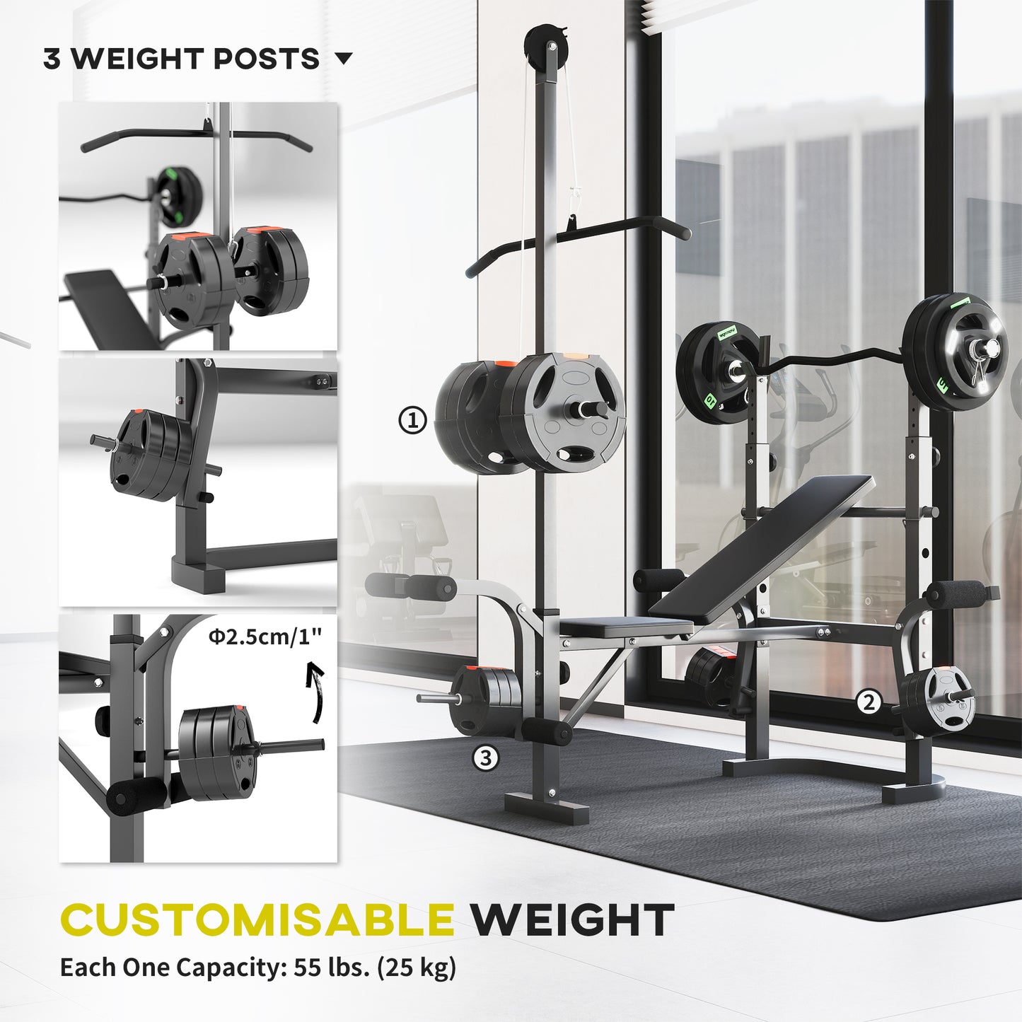 Adjustable Weight Bench with Bench Press Rack, Preacher Curl Leg Extension and Lat Pull Down Machine, Incline or Flat Workout for Strength Training Weight Lifting