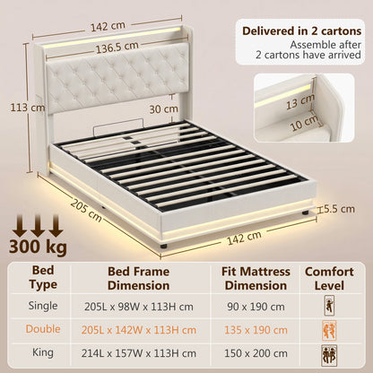 4ft6 Double Ottoman Bed Frame | Hydraulic Storage, RGB LED Headboard Lights & USB Charging | Cream White or Black