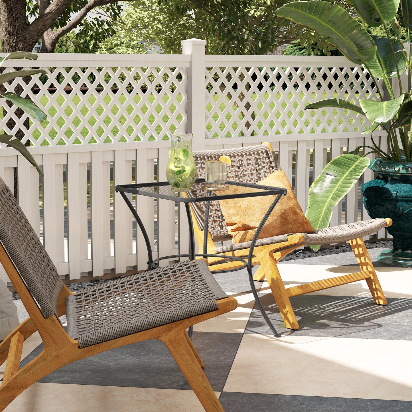 60cm Square Garden Table, Outdoor Metal Bistro Side Desk with Mesh Top, Black