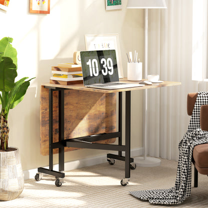Retro Style Six-Seater Drop-Leaf Dining Table, with Wheels - Brown Wood-Effect