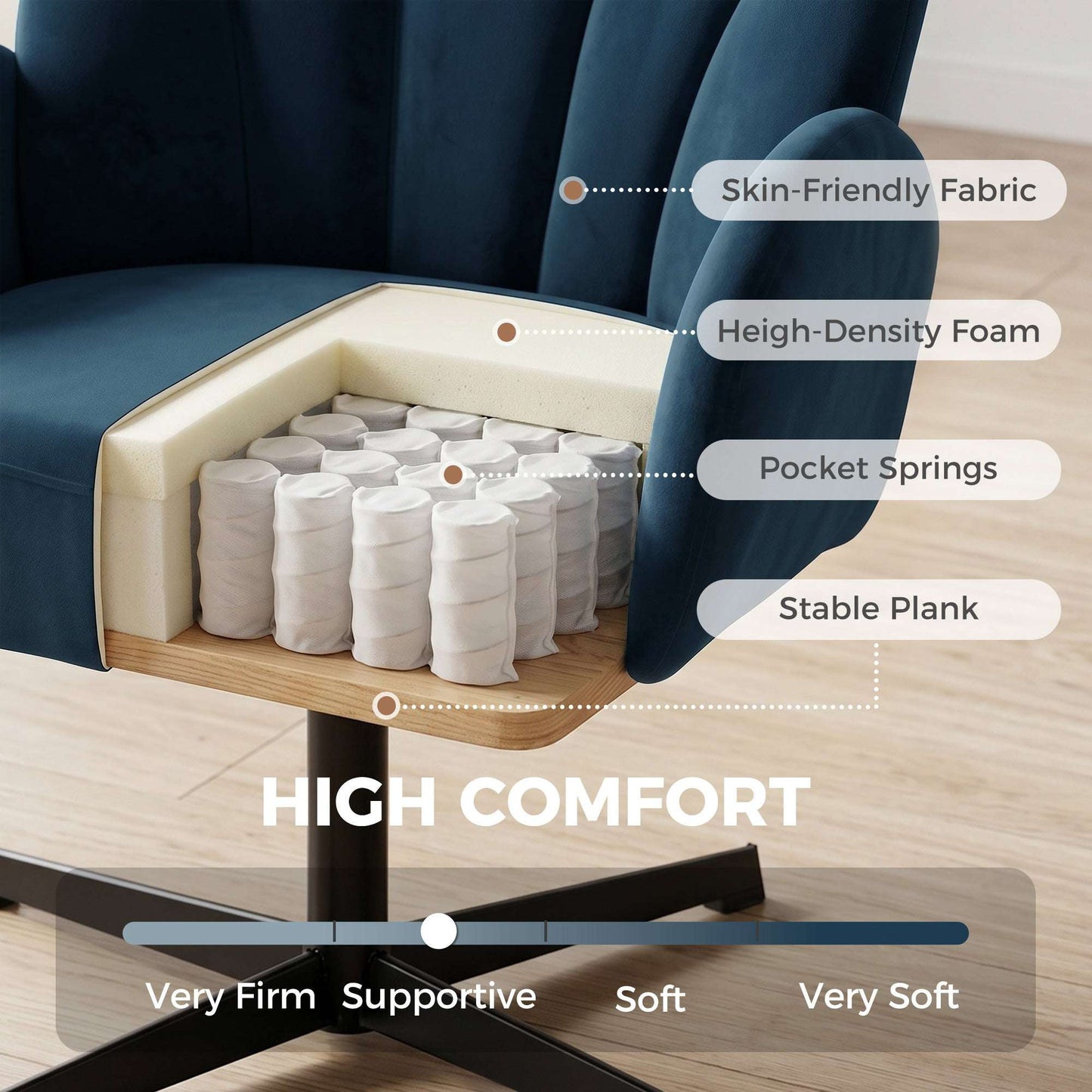 Shell-Shaped Swivel Accent Chair | 360° Swivel | 11cm Spring-Packed Seat | Velvet-Feel Fabric | Metal Base | Plastic Floor Pads | 120kg | 64.5x68x80cm | Dark Blue