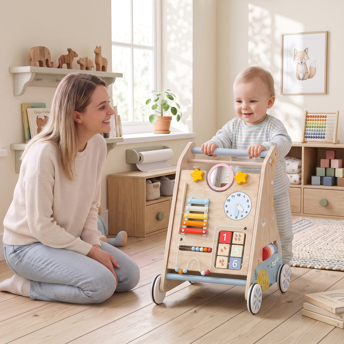 Wooden Baby Walker | Detachable Double-Sided Activity Board, Push-Along Learning Toy with Storage | 1-3 Years | Natural Finish