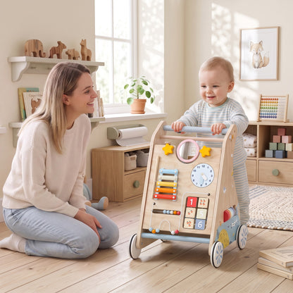 Wooden Baby Walker | Detachable Double-Sided Activity Board, Push-Along Learning Toy with Storage | 1-3 Years | Natural Finish