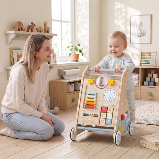 Wooden Baby Walker | Detachable Double-Sided Activity Board, Push-Along Learning Toy with Storage | 1-3 Years | Natural Finish