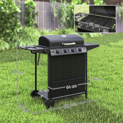 4+1 Burner Gas BBQ Grill, Portable Gas Barbecue Grill with Built-in Thermometer, Lid, Side Table, Shelf, Spice Rack, Wheels, Grease Cup, Black