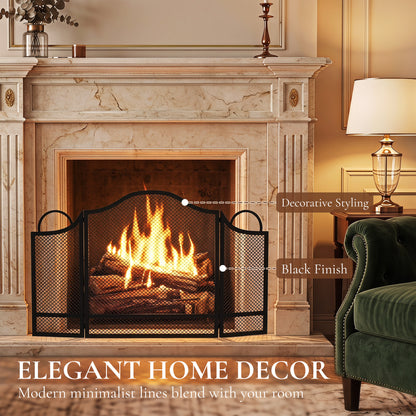 3-Panel Folding Fireplace Screen | Floral Design | Powder-Coated Metal | Spark Guard | Hearth Protection | Adjustable | Folds to 67x2x74cm | Open 122x1x74cm | Side Panels 27x64cm | Black