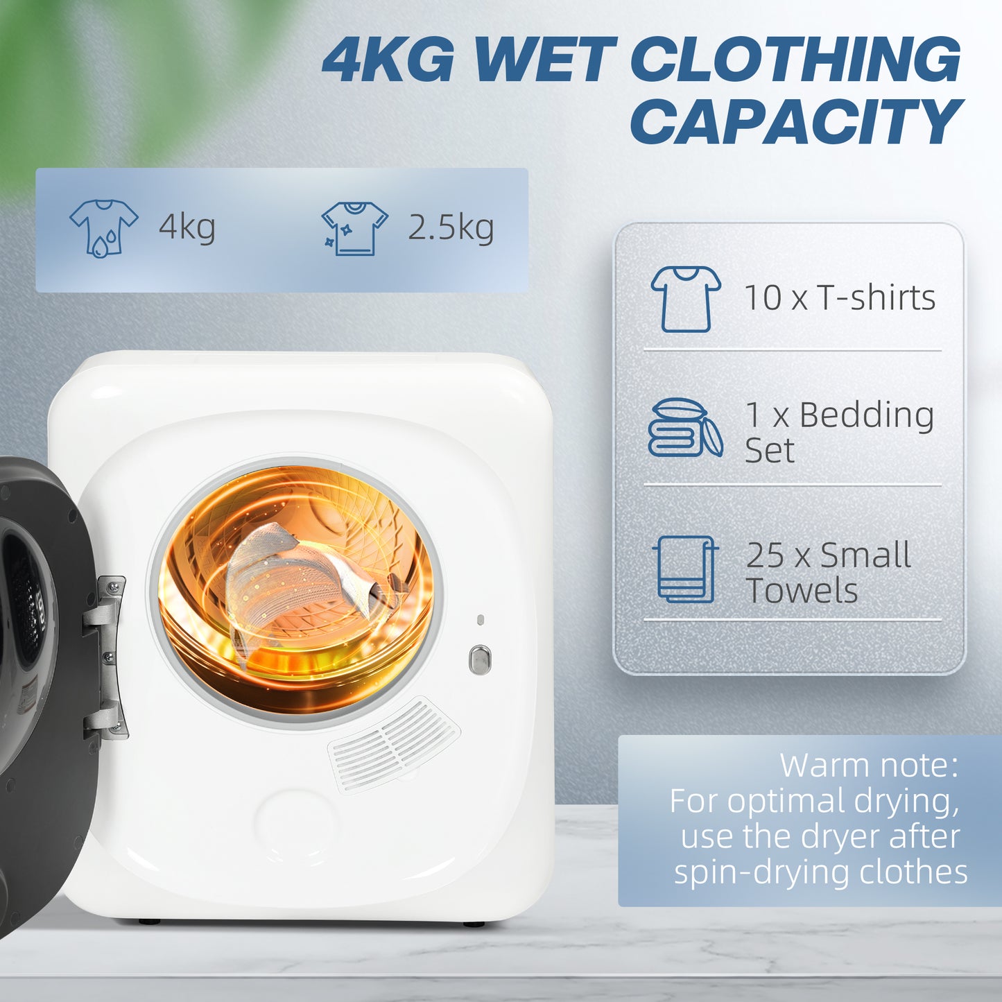 4kg Vented Tumble Dryer W/ Deodorise, Smart Mode, 800W Compact Tumble Dryer For Small Spaces, Front Loader For Flat, Home, RVs