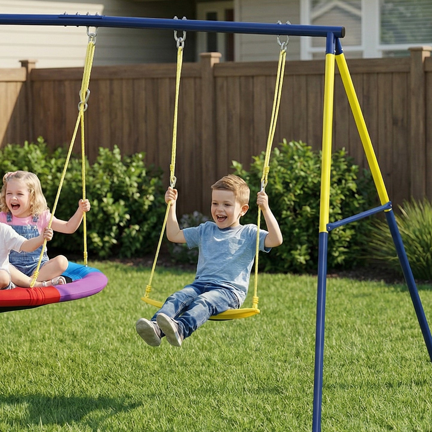 Kids Swing Set with Saucer Nest Swing & Belt Swing – 150kg Capacity, Adjustable Ropes, Steel A-Frame, Ground Stakes, EN71 Tested, Ages 3–8