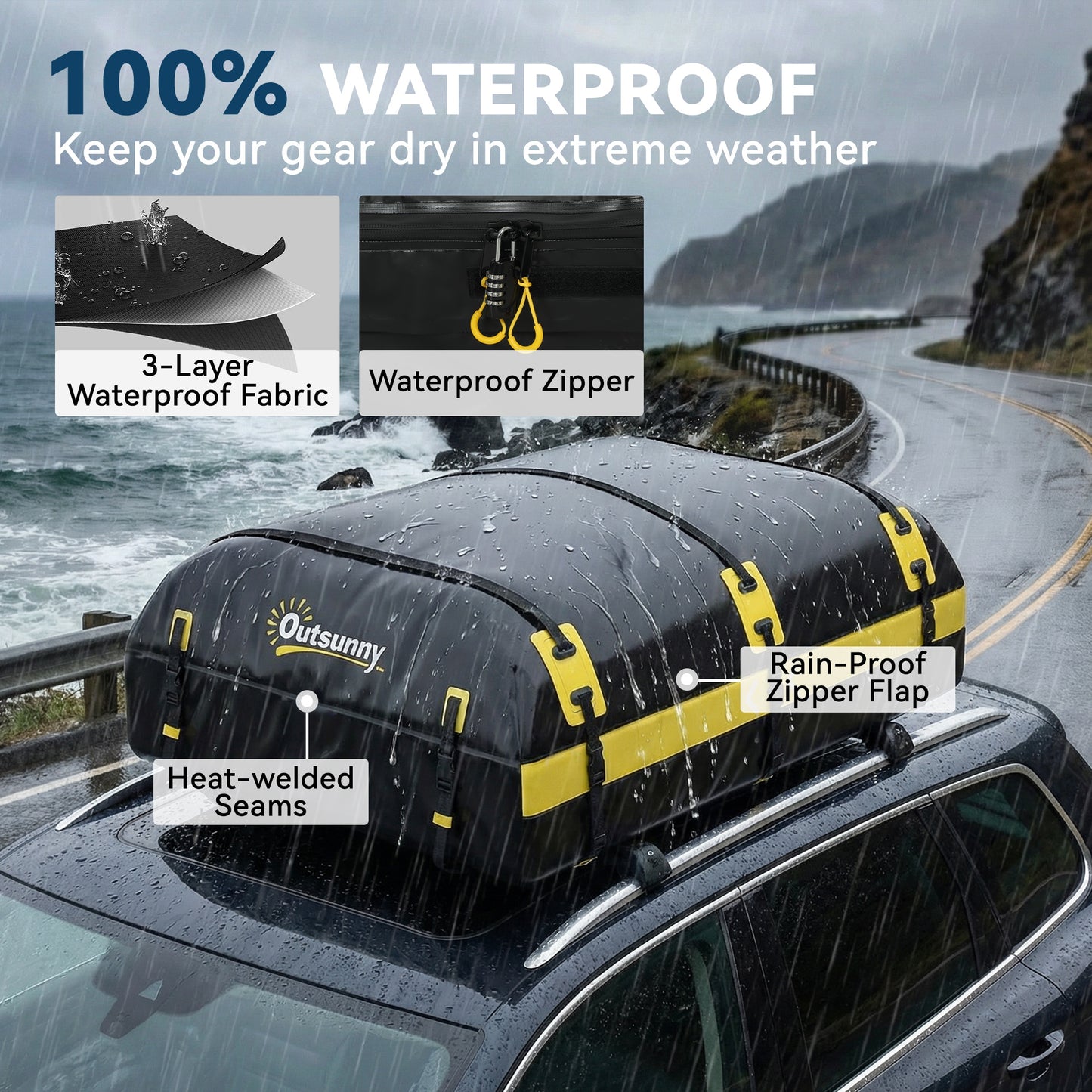 Car Roof Bag | 21 Cu Ft | 500D Waterproof | 7 Straps | No Roof Rack Needed | Reflective | Combination Lock | Yellow