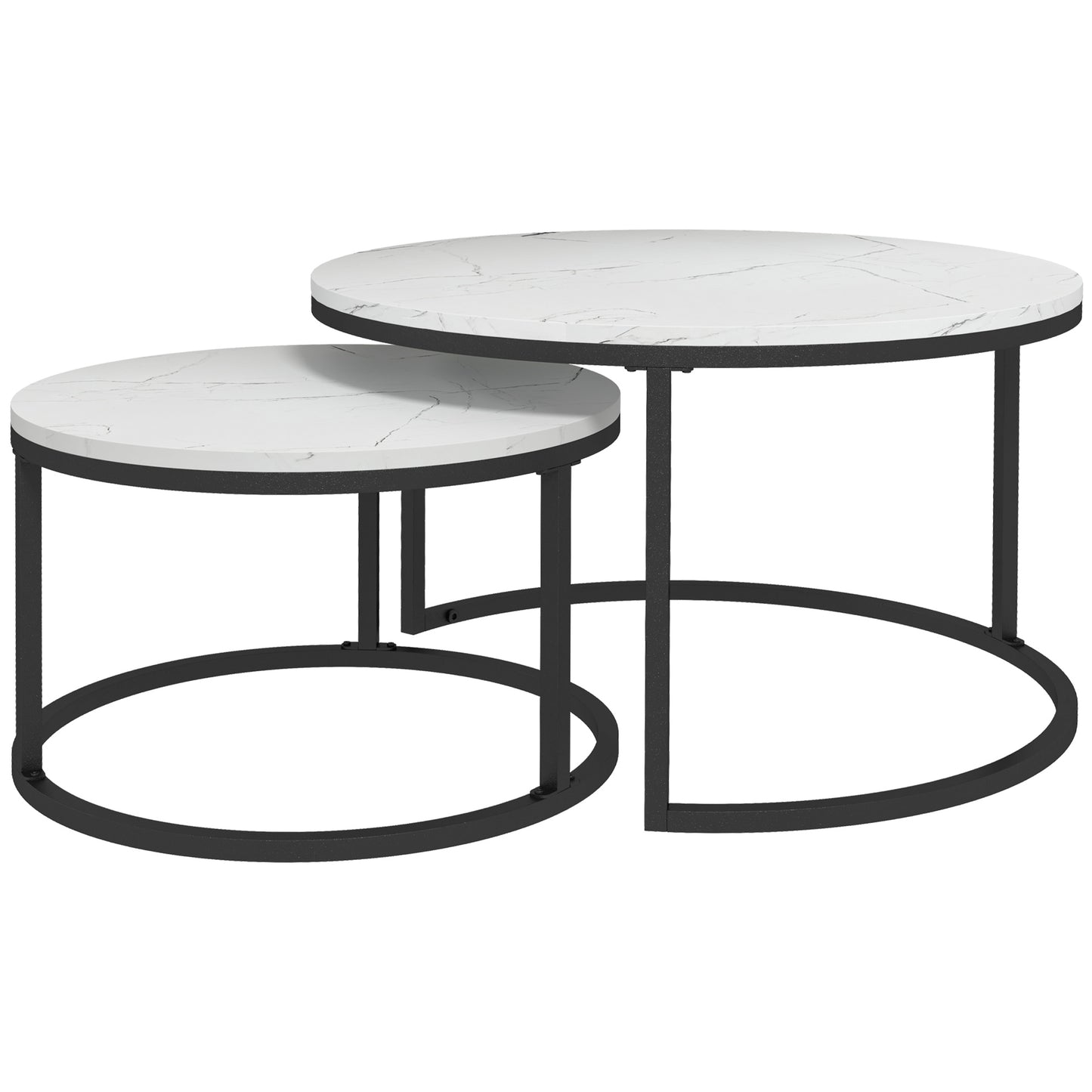 Industrial Nesting Coffee Table Set of 2, Round Coffee Tables, Living Room Table with Faux Marbled Top and Steel Frame