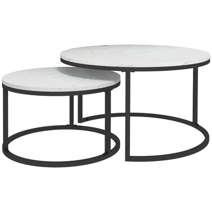 Industrial Nesting Coffee Table Set of 2, Round Coffee Tables, Living Room Table with Faux Marbled Top and Steel Frame