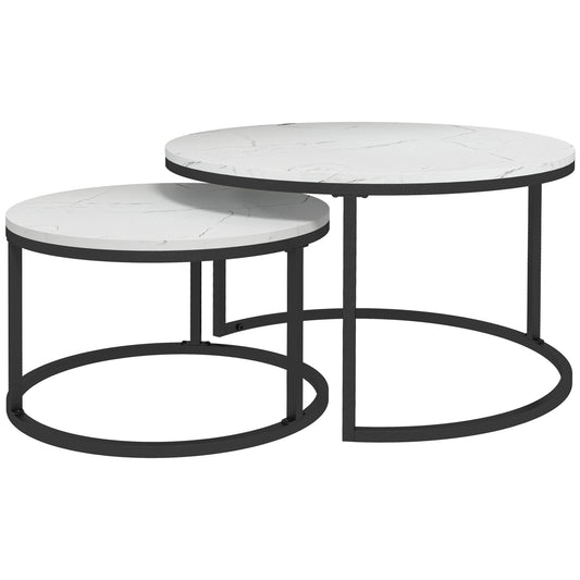Industrial Nesting Coffee Table Set of 2, Round Coffee Tables, Living Room Table with Faux Marbled Top and Steel Frame