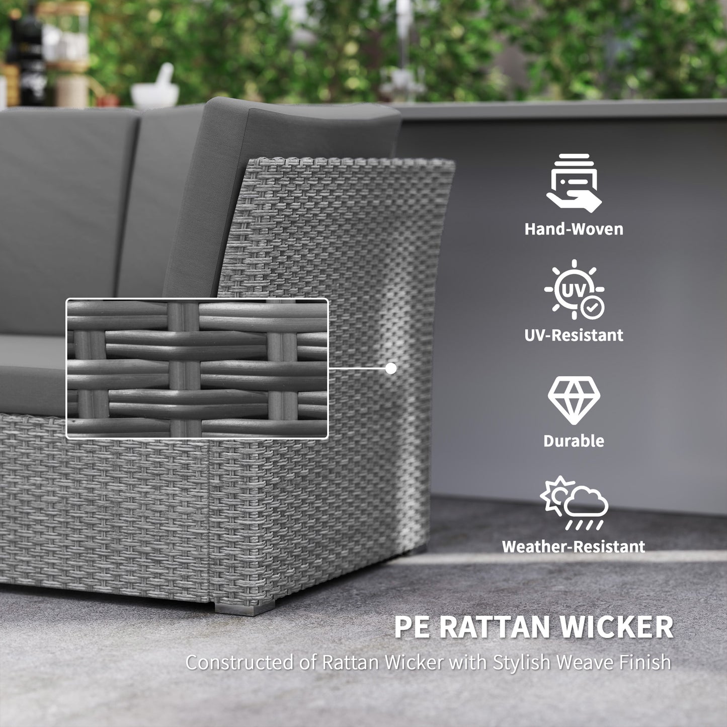 7 Piece Rattan Garden Sofa Set Seats 10 | Corner Sofa | 3 Seater Sofa | 2 Armless Chairs | Expanding Dining Table | 5mm Tempered Glass | PE Rattan & Steel Frame | Washable Cushions | Light Grey