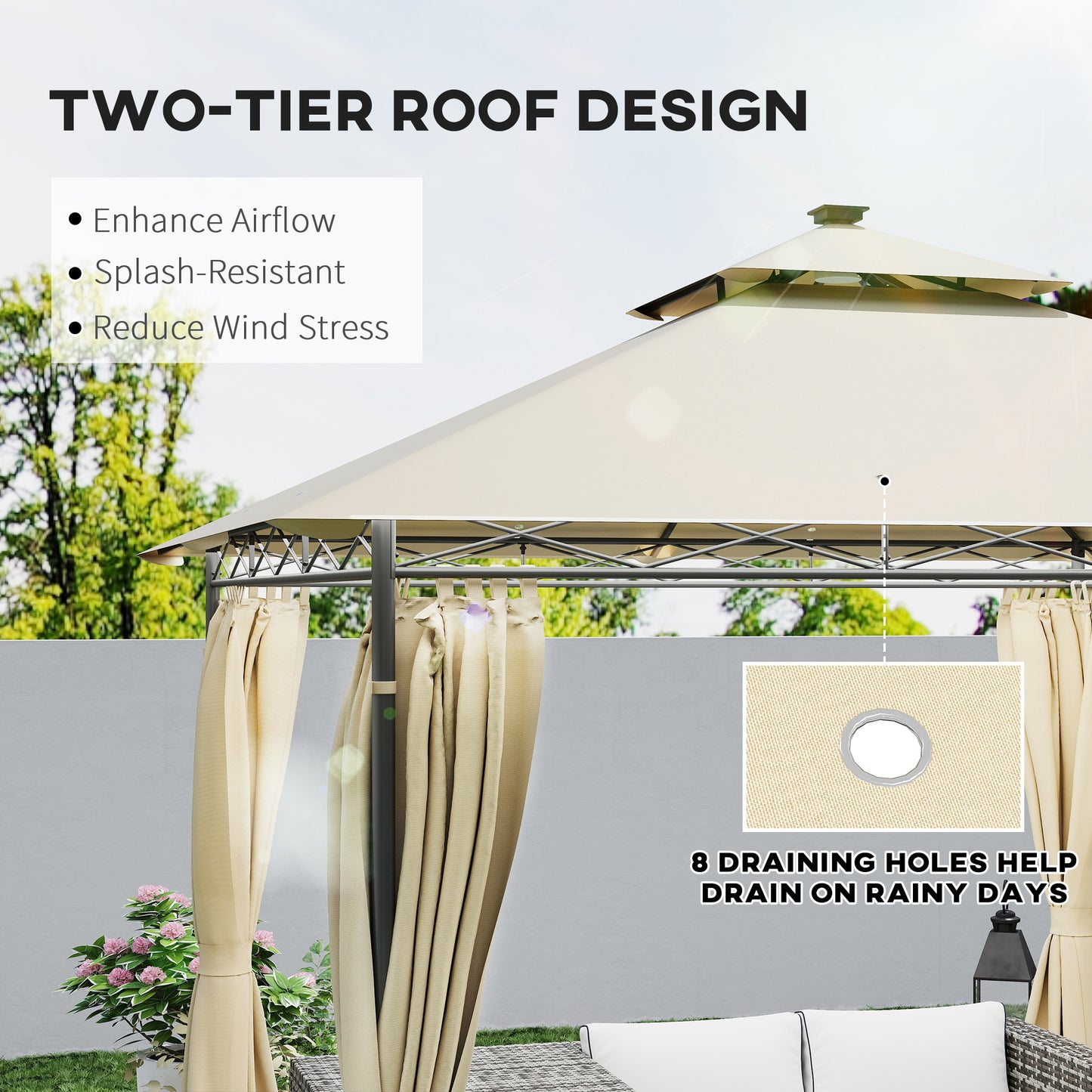 3 x 3 m Garden Gazebo, Double Roof Metal Gazebo with Curtains and Solar-Powered LED Lights, Outdoor Gazebo Canopy Shelter for Patio, Deck