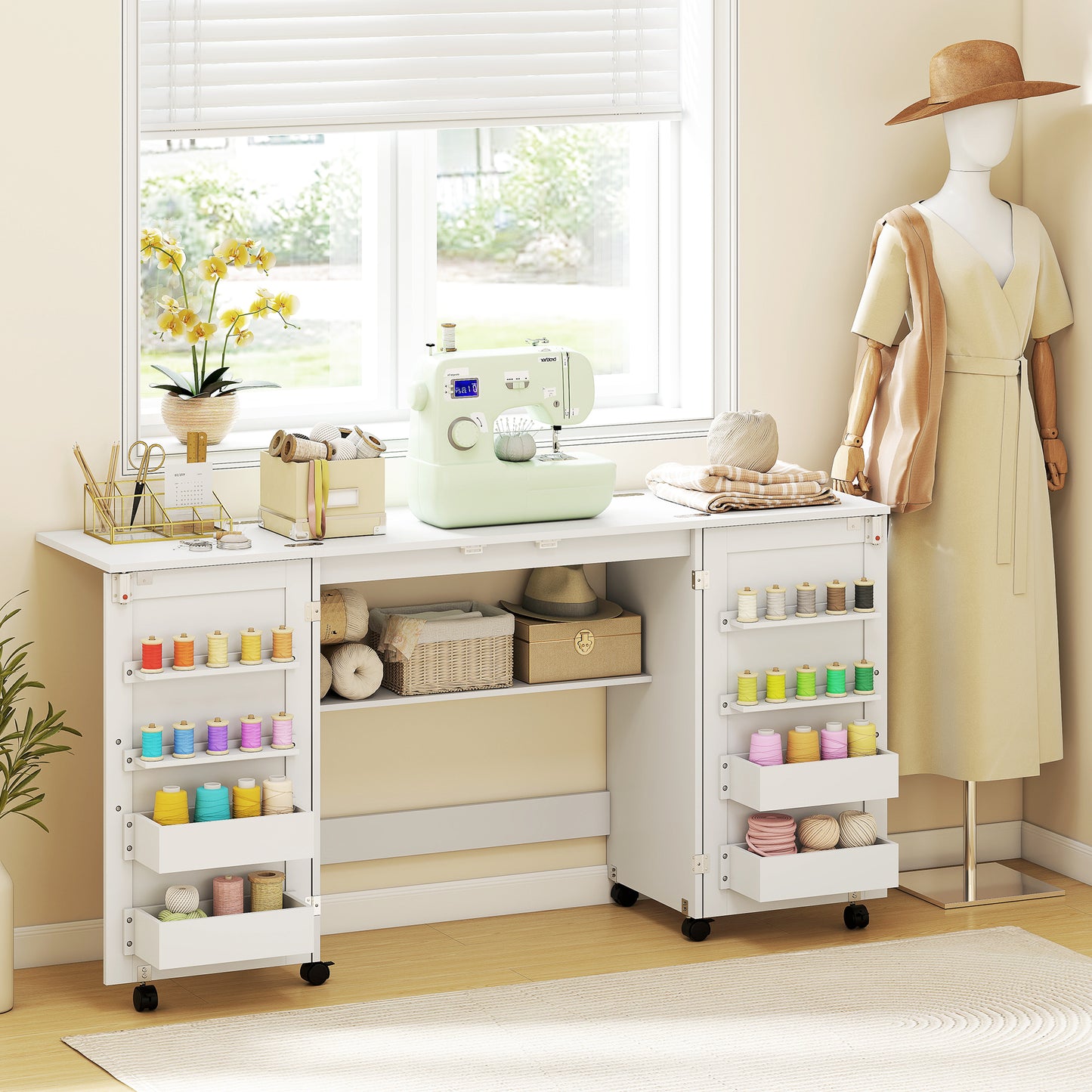 Folding Sewing & Craft Table | 20 Spool Pegs | 4 Storage Bins | Machine Shelf | 6 Wheels (4 Lockable) | 54kg | White