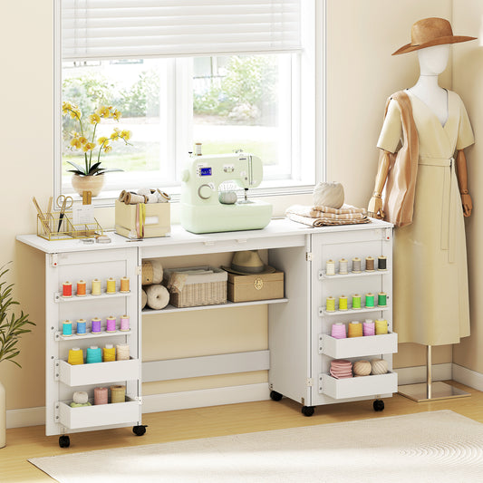Folding Sewing & Craft Table | 20 Spool Pegs | 4 Storage Bins | Machine Shelf | 6 Wheels (4 Lockable) | 54kg | White