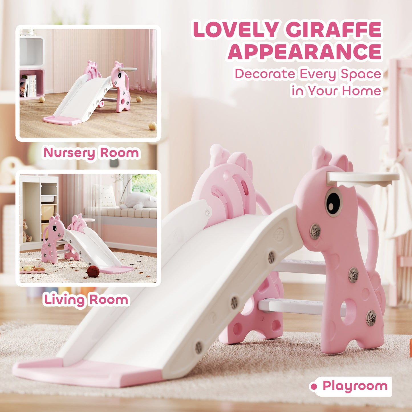 AIYAPLAY 3 in 1 Kids Slide with Climber, Basketball Hoop and Ball, Giraffe Shape Climber Slide for Indoor Kids Age 1-3, Pink