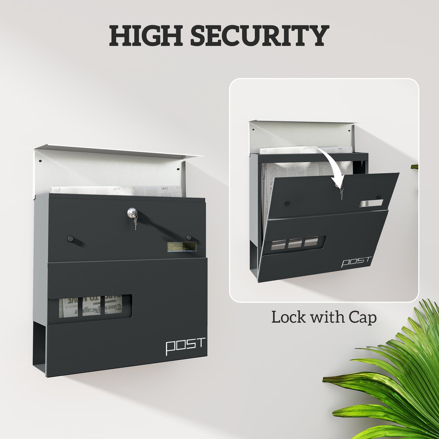 Wall Mounted Post Box with Viewing Window,  Modern Galvanised Steel Mailbox with Copper Core, Weatherproof Letterbox Charcoal Grey