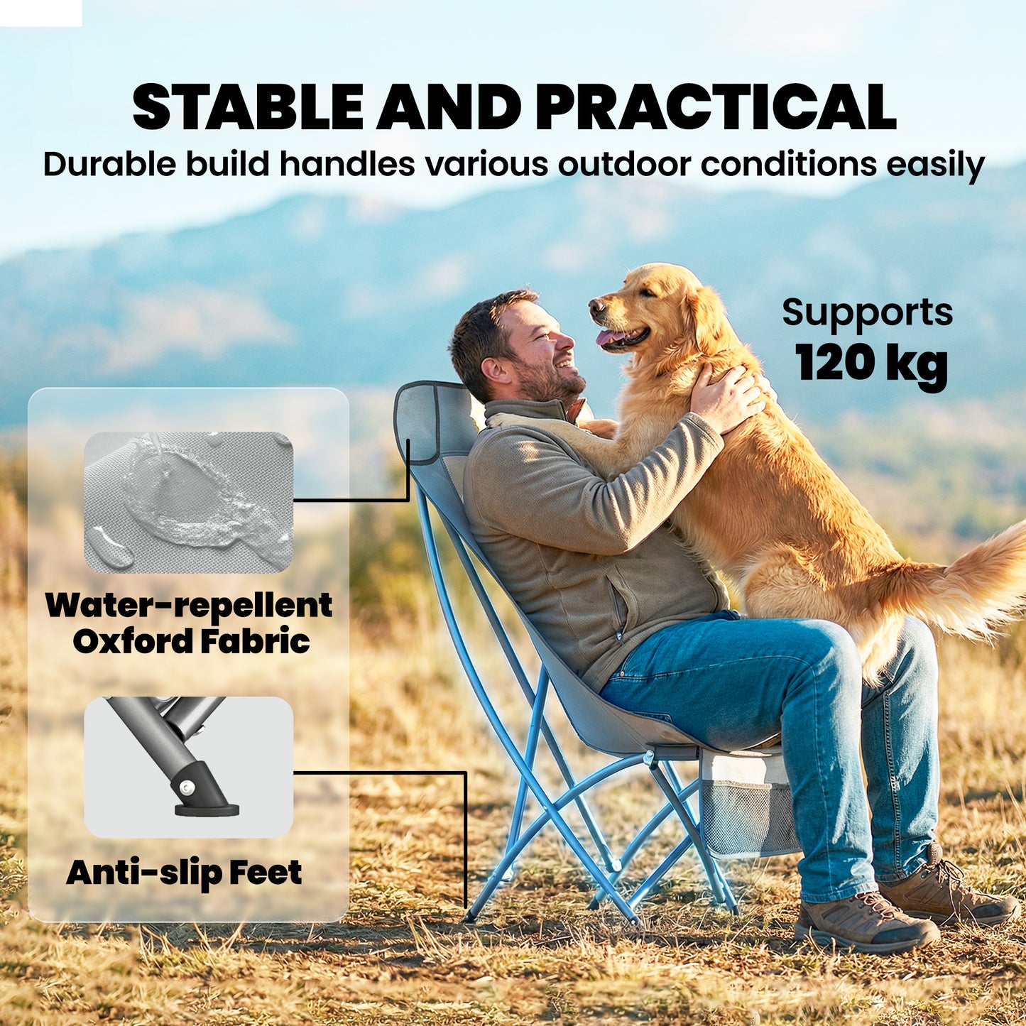 Outsunny Moon Camping Chair – Heavy Duty Folding Camp Chair, 120kg, Water-Repellent Oxford Fabric, Side Pocket & Carry Bag – Light Grey