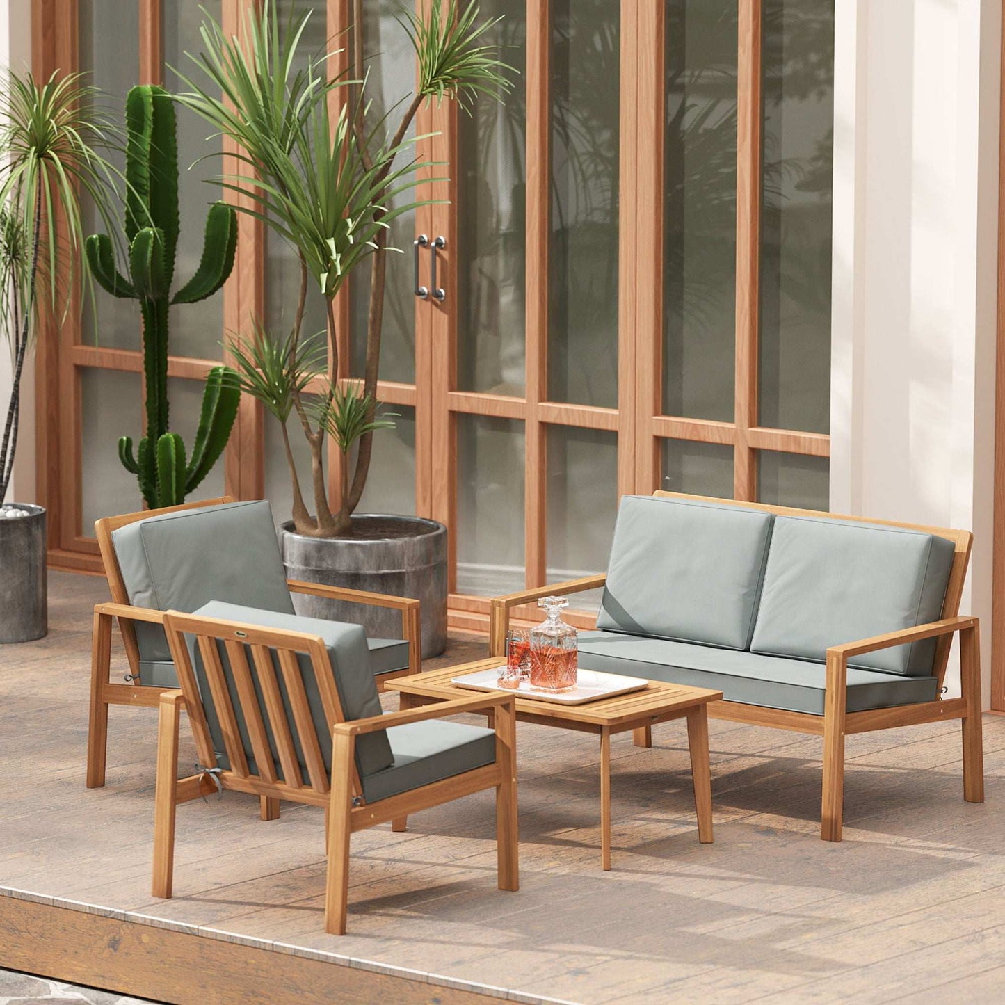 Outsunny 4-Piece Acacia Wooden Garden Furniture Set with Cushions - Teak