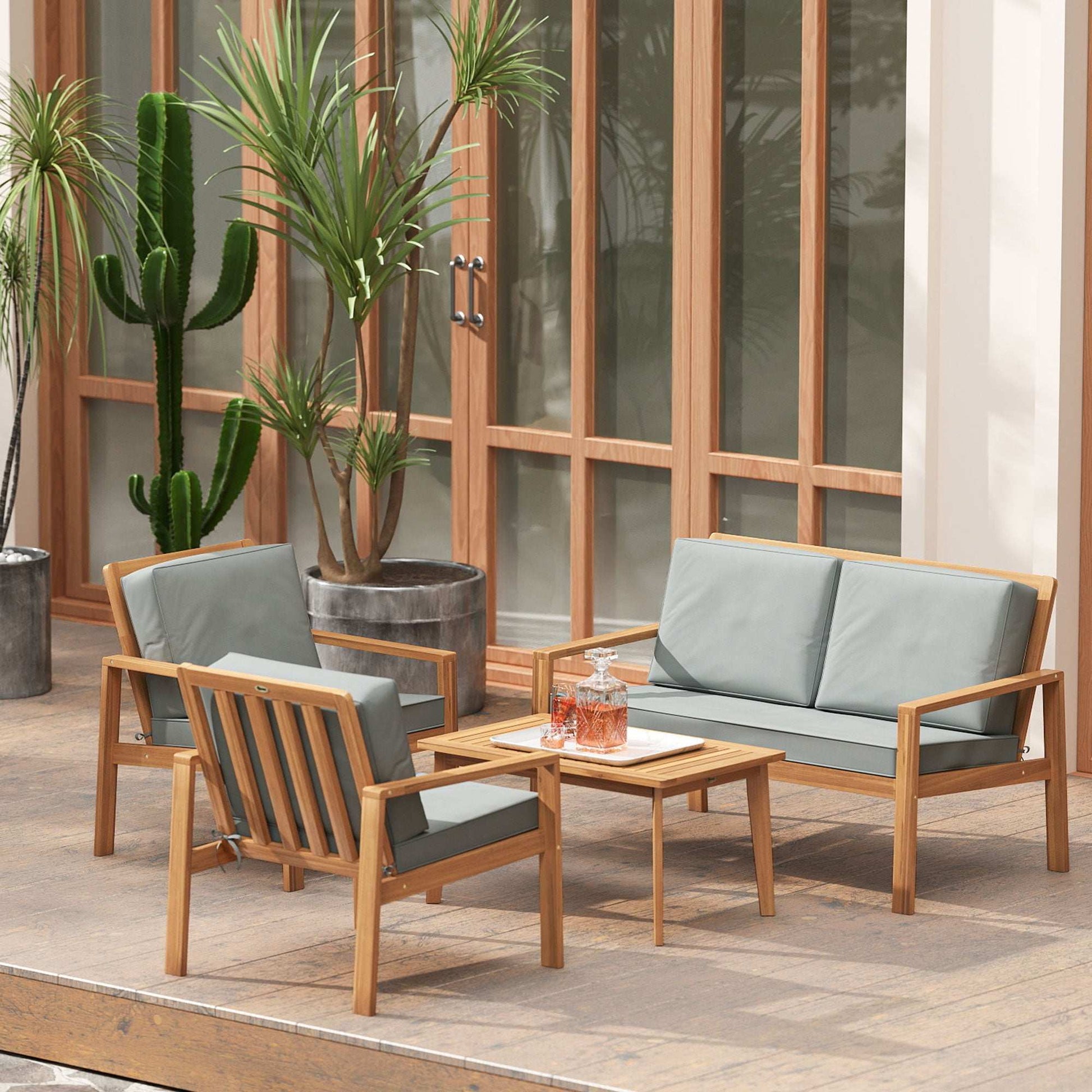Outsunny 4-Piece Acacia Wooden Garden Furniture Set with Cushions - Teak