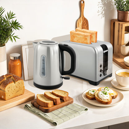 Simple Polished Toaster and Kettle Set - Silver Tone / Black Tone