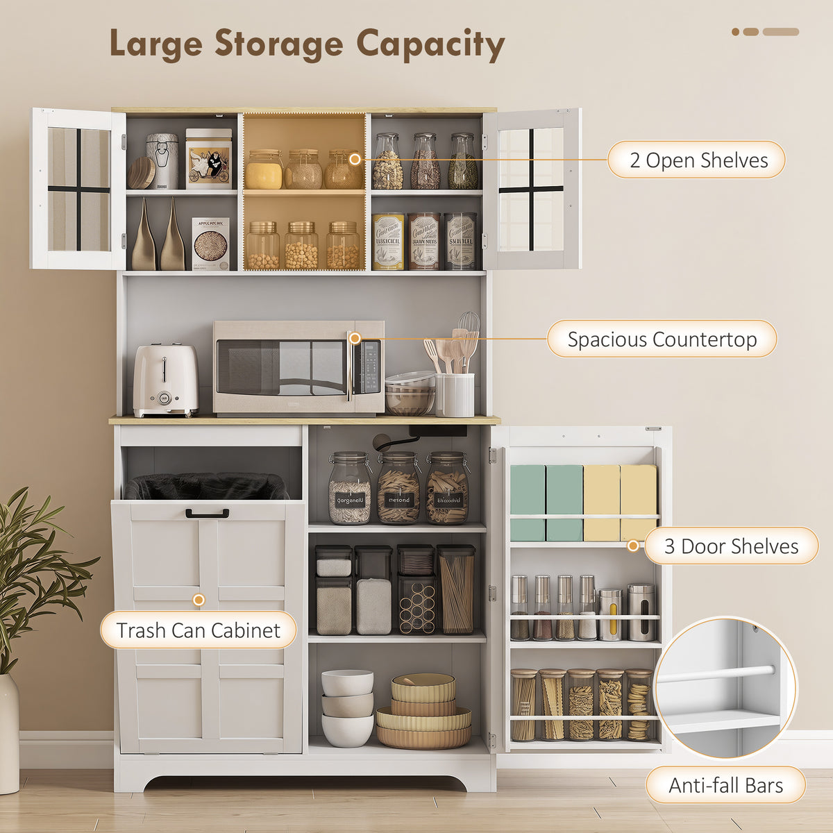 175cm Tall Kitchen Cabinet | Bin Cabinet | Acrylic Doors | 3 AC Outlets | Adjustable Shelves | 141kg | 100x35x175cm | White