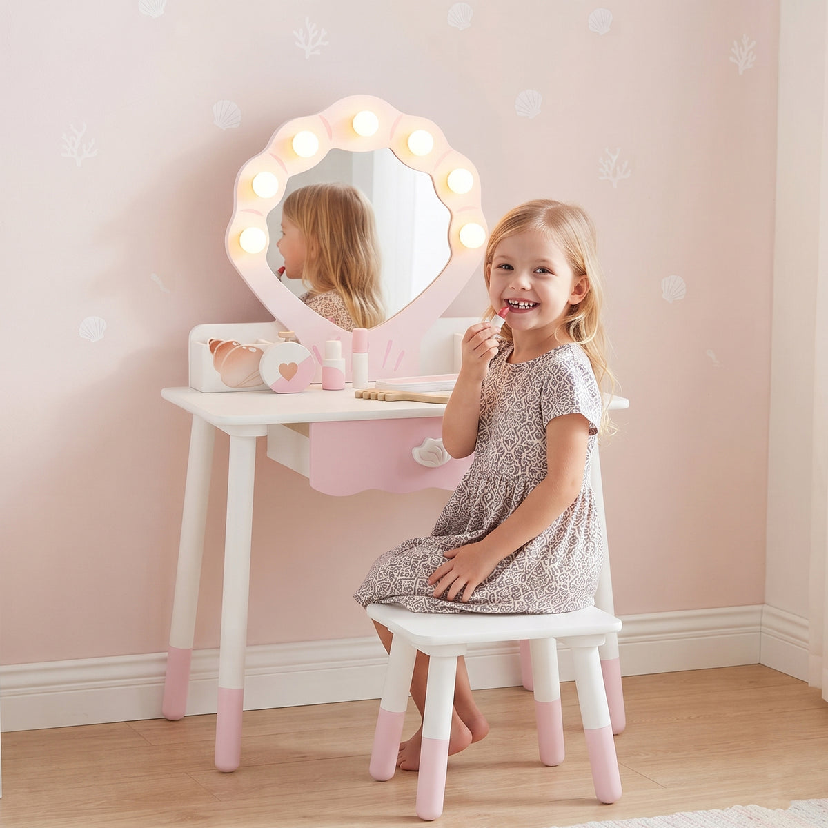 Kids Vanity Set | Dressing Table & Chair | Lighted Acrylic Mirror | 7 Accessories | 2 Storage Compartments | Ages 3–8 | Pink