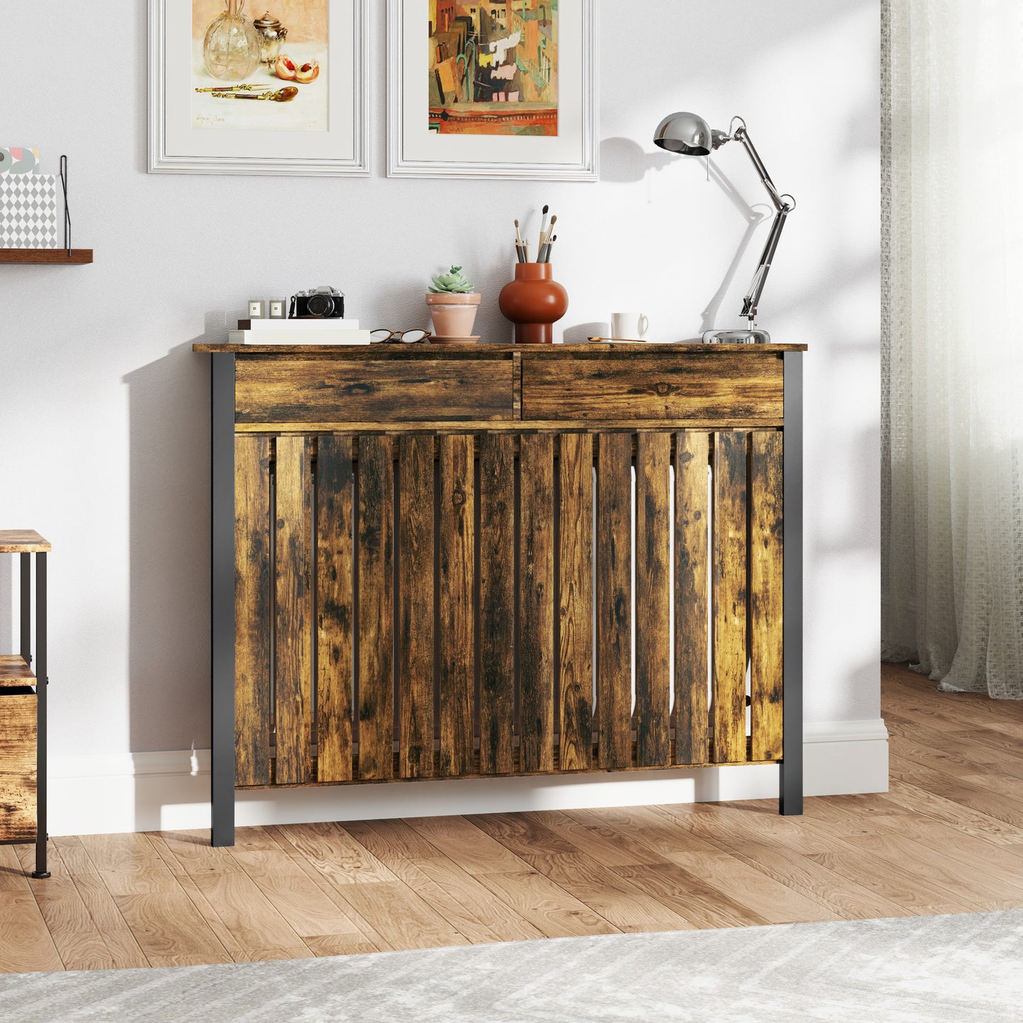 93 x 119cm Rustic-Look Radiator Cover - Brown/Black