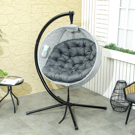 Hanging Egg Swing Chair Outdoor Indoor Garden with Folding Basket, Garden Hanging Chair with Stand, Thickened Cushion, Cup Holder for Patio, Balcony,