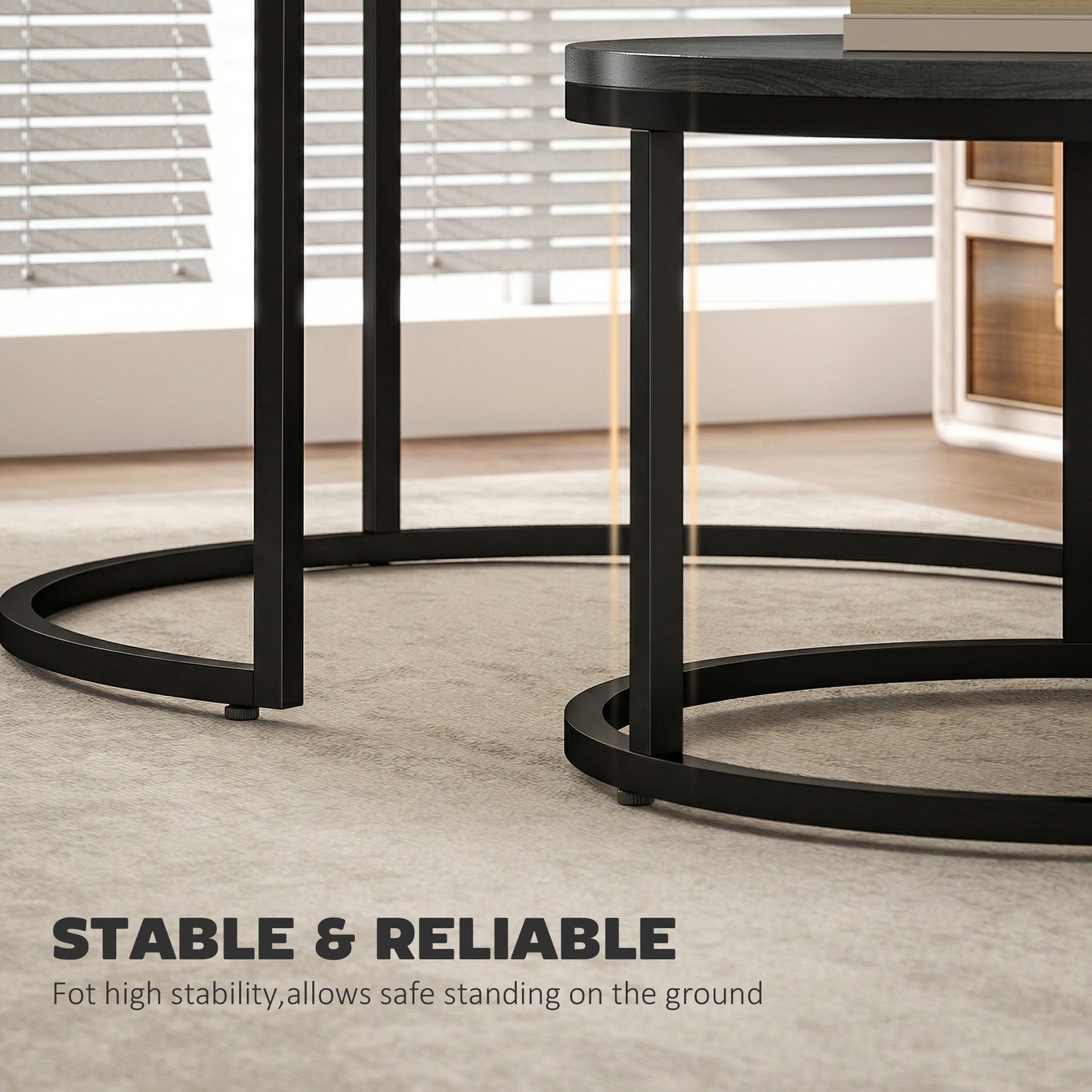 Set of 2 Round Nesting Coffee Tables | Wood-Effect MDF Top | Steel Frame | 50kg | Black Wood Grain