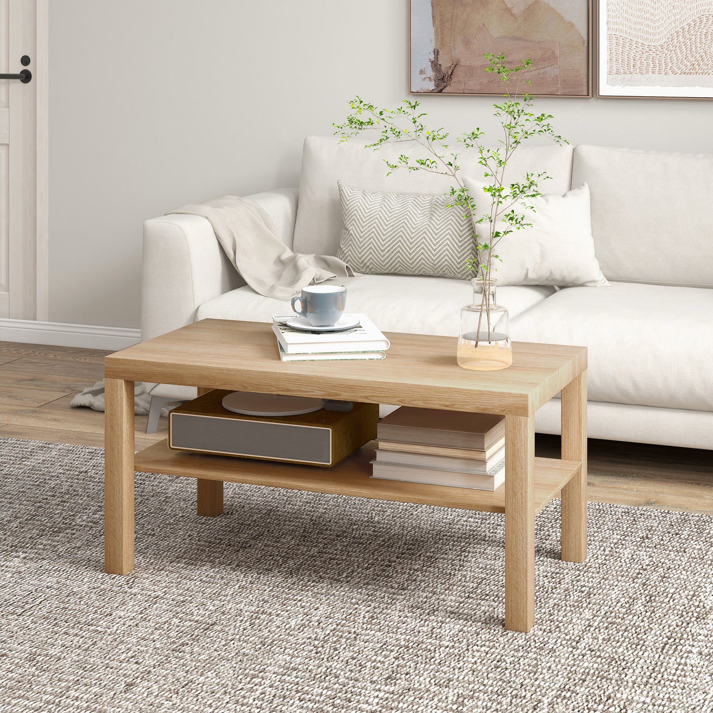 2-Tier Coffee Table with Storage Shelf, Rectangular Centre Table for Living Room, Home Office, Natural Wood Finish