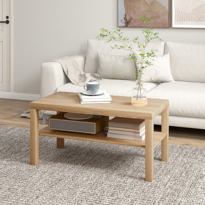 2-Tier Coffee Table with Storage Shelf, Rectangular Centre Table for Living Room, Home Office, Natural Wood Finish