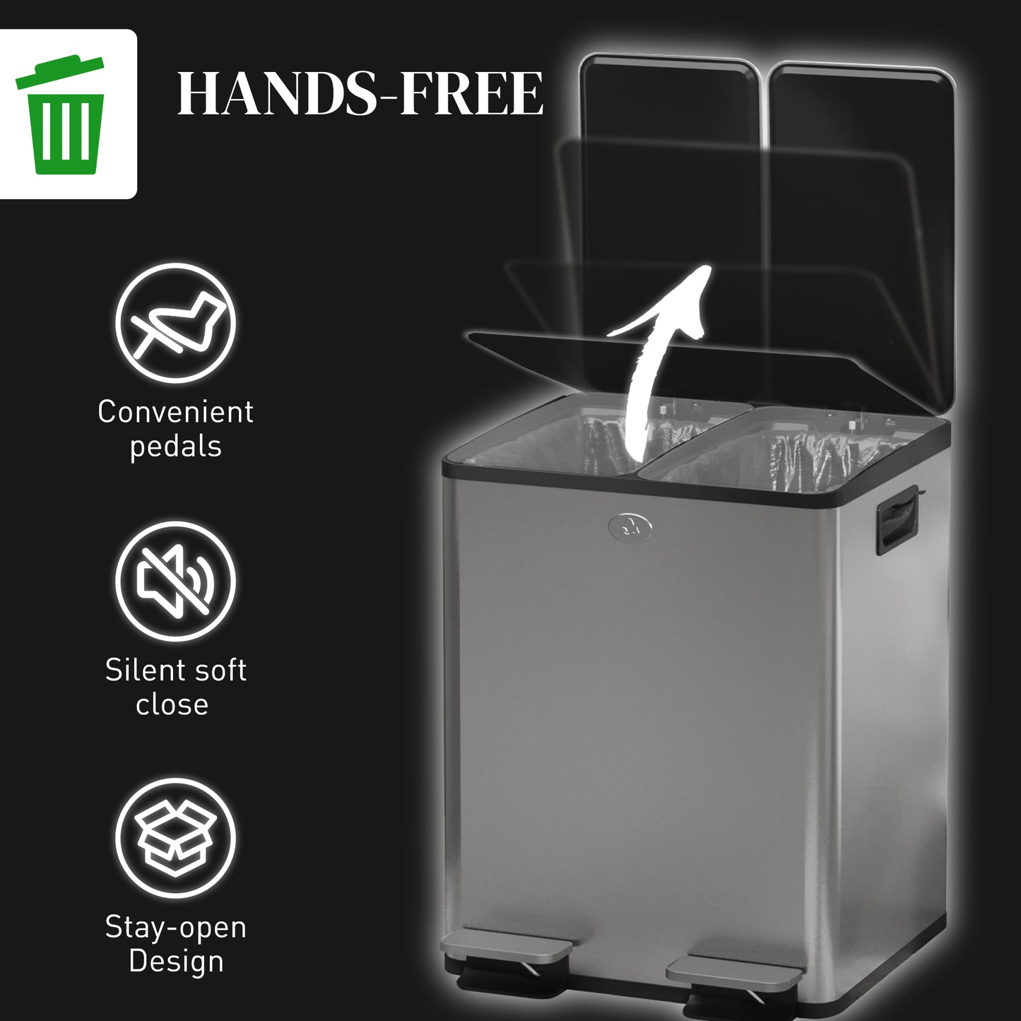 2 x 20L Pedal Bin, Steel Dual Kitchen Bin with Soft Close Lid, Removable Inner Buckets, Fingerprint-Proof, Silver