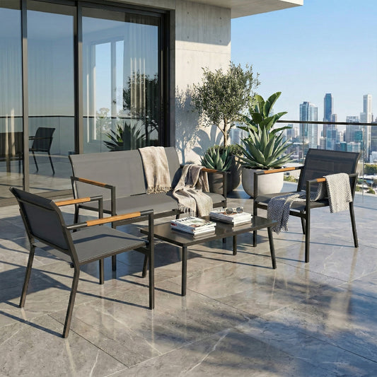 4-Piece Garden Furniture Set | Loveseat, 2 Armchairs & Table | Breathable Mesh | Grey