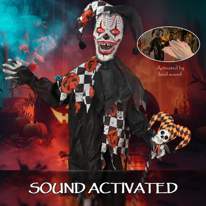 183 cm Life Size Halloween Animated Clown & Skull Staff with Red Light Up Eyes, Sound Activated Moving Arms & Head, Scary Clown Halloween Decorations, Battery Operated, Indoor Party Props