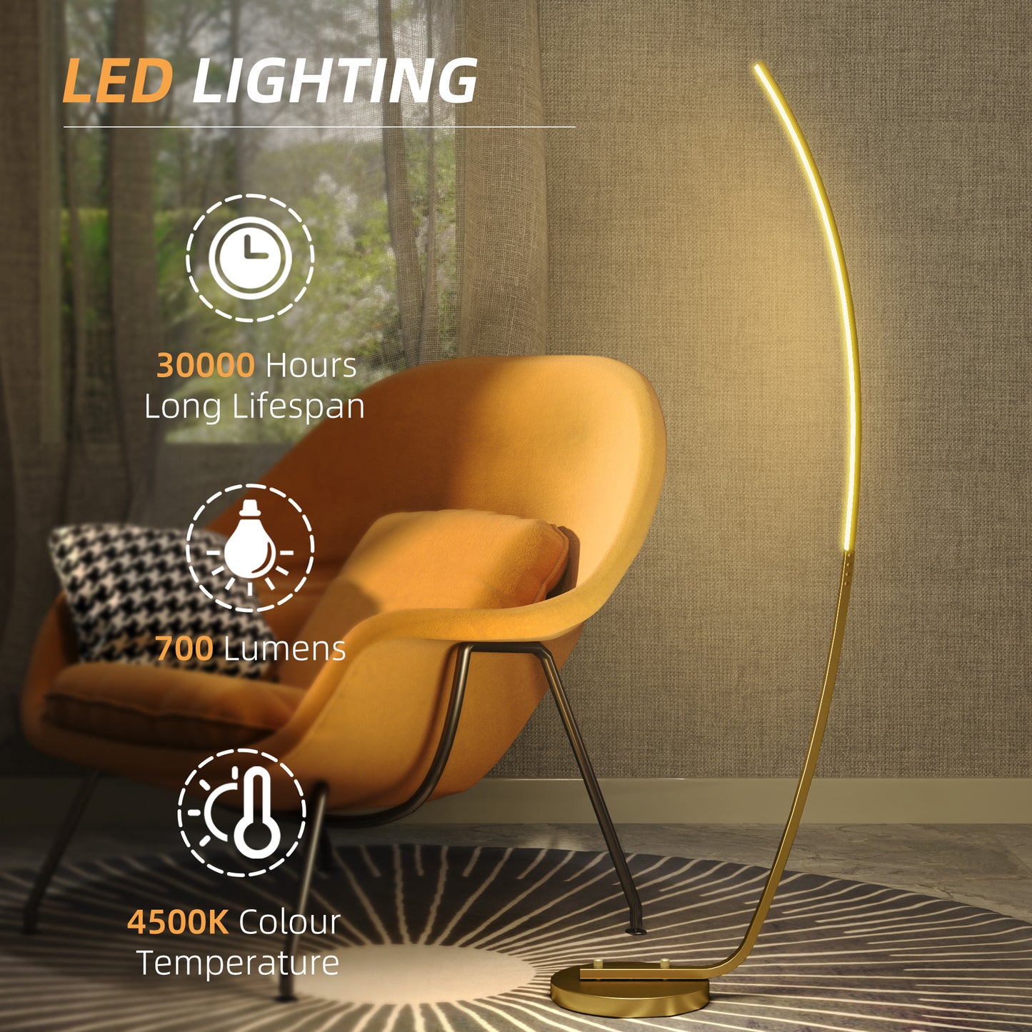 Modern 147cm Curved LED Floor Lamp - Gold Tone
