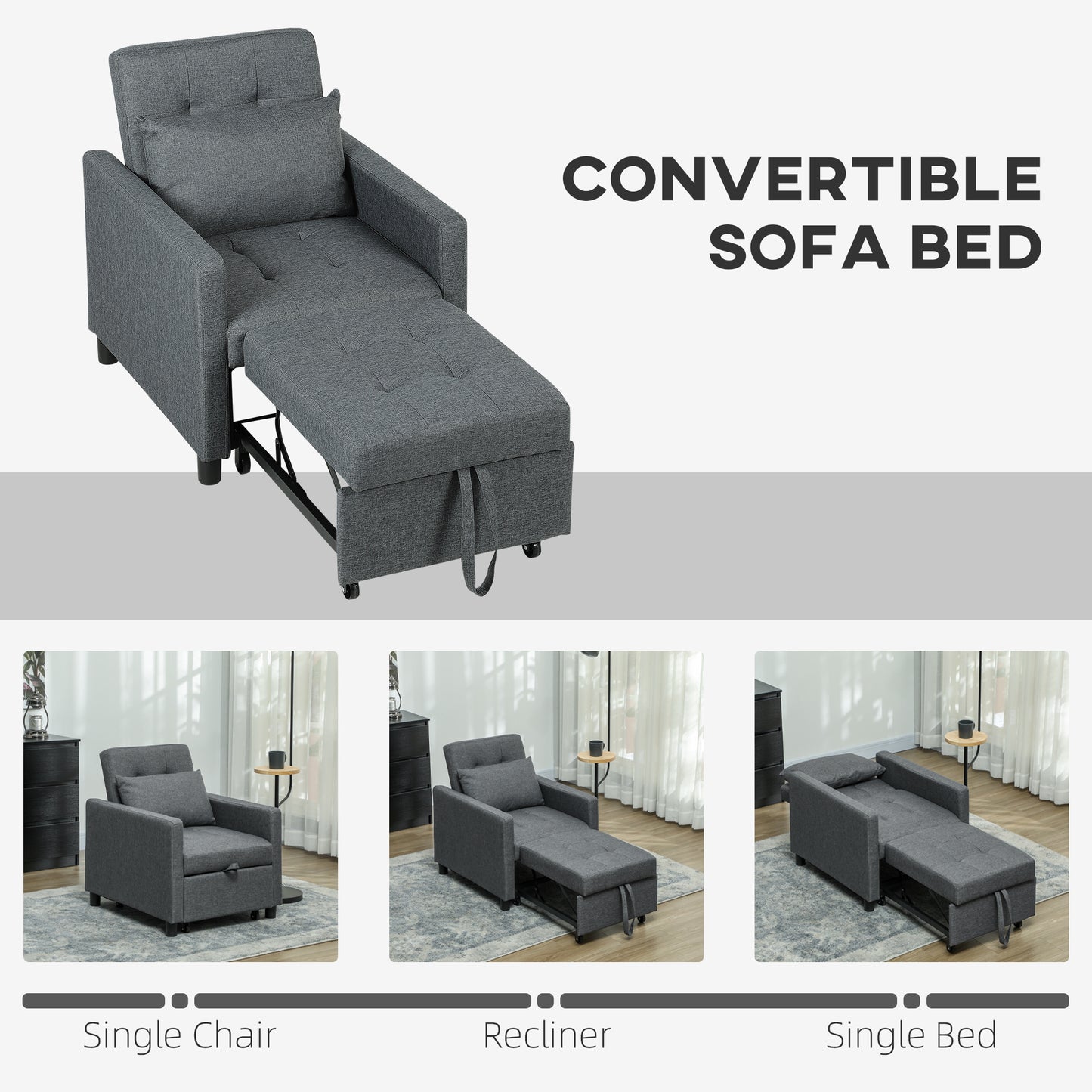 3-In-1 Chair Bed, Convertible Sleeper Chair with Adjustable Backrest, Pillow and Footrest for Living Room, Dark Grey
